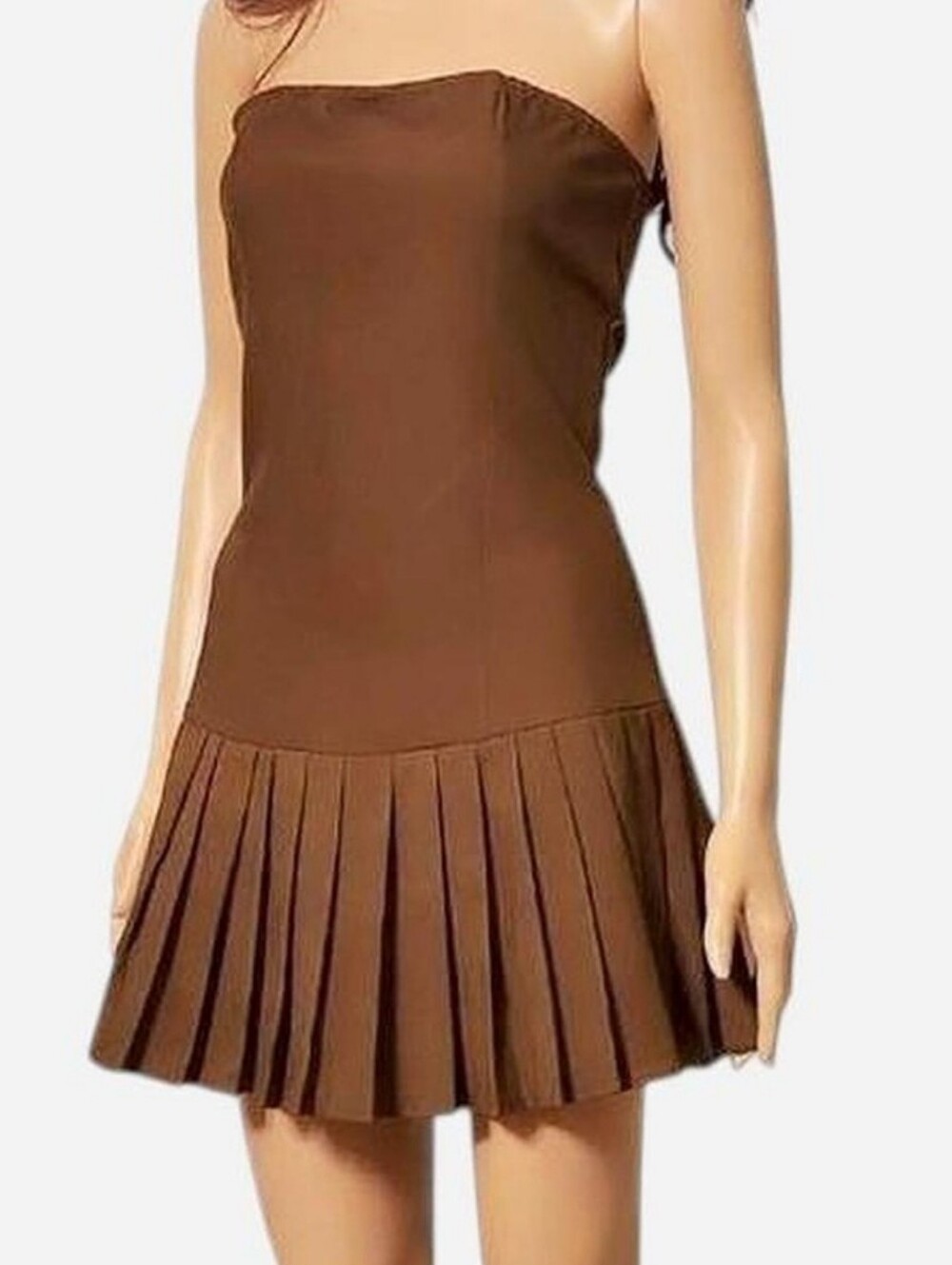 PrettyLittleThing Strapless Brown Pleated Dress Size 4 - Picture 3 of 7